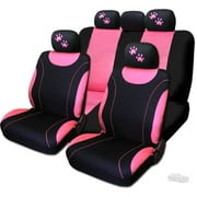 YUPBIZAUTO NEW 12 Pieces Flat Polyester Sleek Design Black and Pink Front and Rear Car Seat Covers With Pink Paws Headrest Covers Full Set for Girl and Woman - Shipping Included