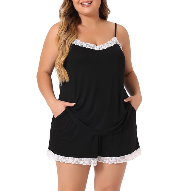 Conjuntos de pijamas para mujer de tallas grandes GRACE & GRANDEUR, camisón con panel de encaje, pantalones cortos con cintura elástica, ropa de dormir y de estar en casa, color negro 4X