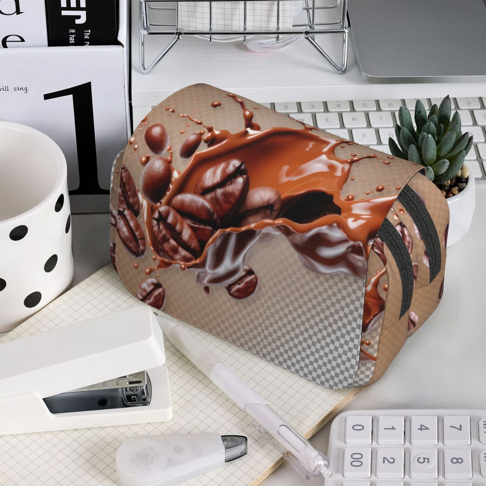 Rateoe Coffee Beans Chocolate Splash Pattern Double Clamshell Pen Case, Storage Organizer with Two Zipper Compartments– Holds Up to 50 Pencils & Pens