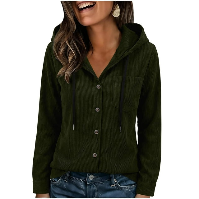 Ailaofu Long Sleeve Button Down Shirt Corduroy Shacket Jacket Casual Spring Solid Short Hooded Coats