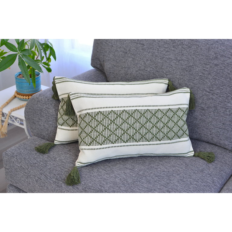 Cotton Woven Designer Lumbar Throw Pillow Covers Olive Green