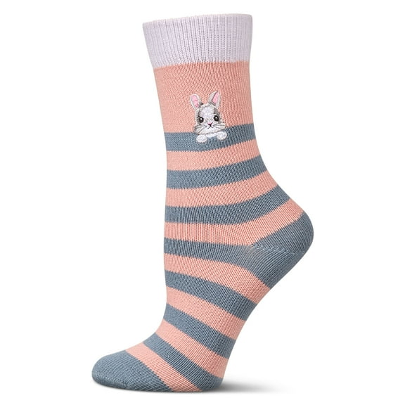 MeMoi Women's "Just Hanging" Striped Embroidered Cotton Rich Novelty Crew Socks - Womens - Female, 9-11, Denim Heather