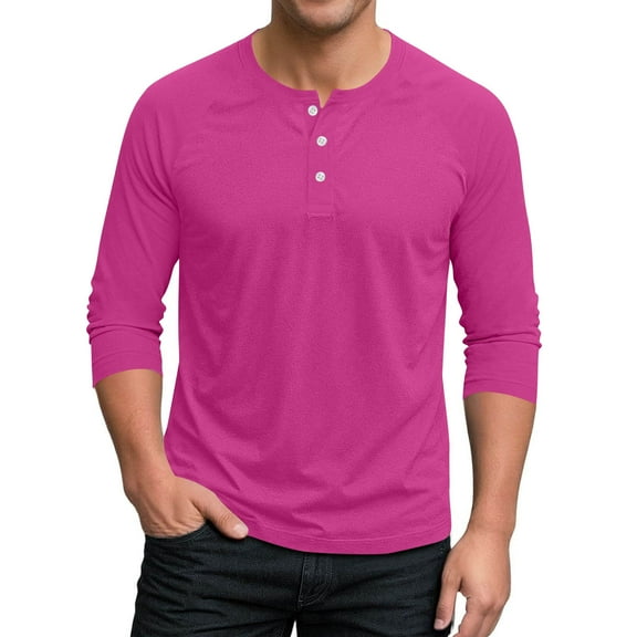 GuangCheng Mens Henley Long Sleeve T-Shirts,Slim Fit,Soft,Cotton Blend,Button Placket Shirts Pullover Tops,Hot Pink,Size S