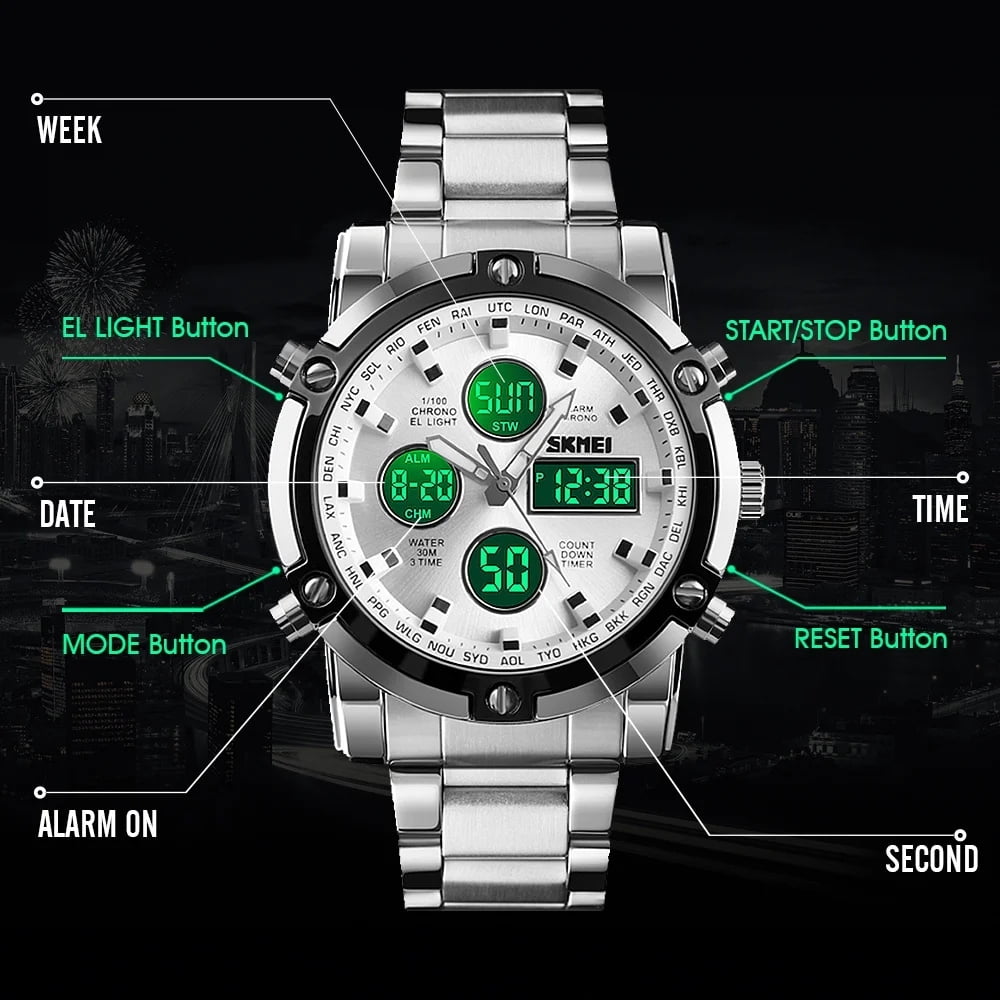 SKMEI Mens Wrist Watch, Waterproof Military Analog Digital Watches with LED Multi Time Chronograph, Stainless Steel Business Quartz Watches for Men