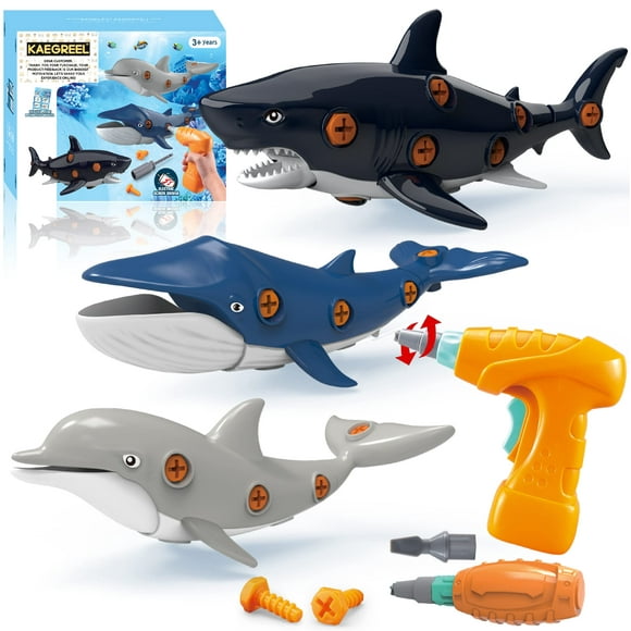 KAEGREEL Jouets de Requin Océan à Démonter pour Enfants, 3 Paquets de Jouets d'Animaux Océaniques Requin Dauphin Baleine avec Tournevis à Perceuse Électrique, Jouets de Construction Éducatifs STEM Cadeau pour Garçons de 3 à 7 Ans