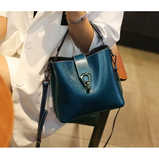 Bolso de cubo de cuero de cera de aceite Real para mujer, bolso de mano informal y Simple, bolso de gran capacidad para mujer, bolso de mano cruzado de moda