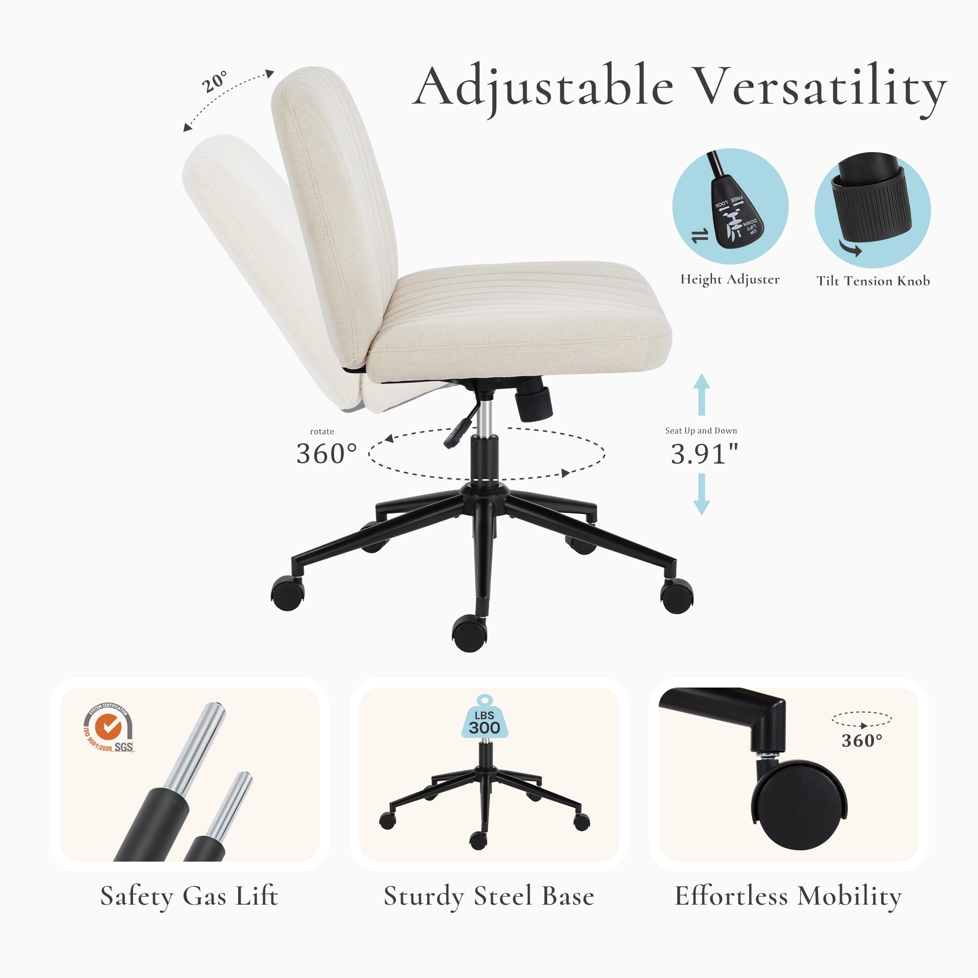 GIANNA Armless Criss Cross Legged Office Chair, Desk Chair With Wheels, Fabric, Beige