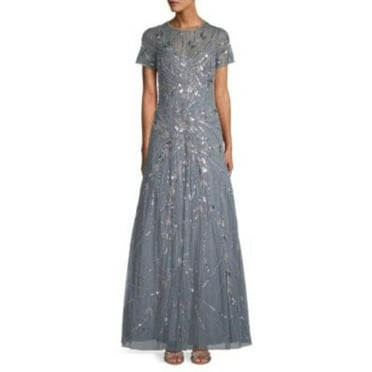 ADRIANNA PAPELL Womens Gray Embellished Zippered Darted Sheer Pleated Lined Short Sleeve Boat Neck Full-Length Formal Gown Dress 8