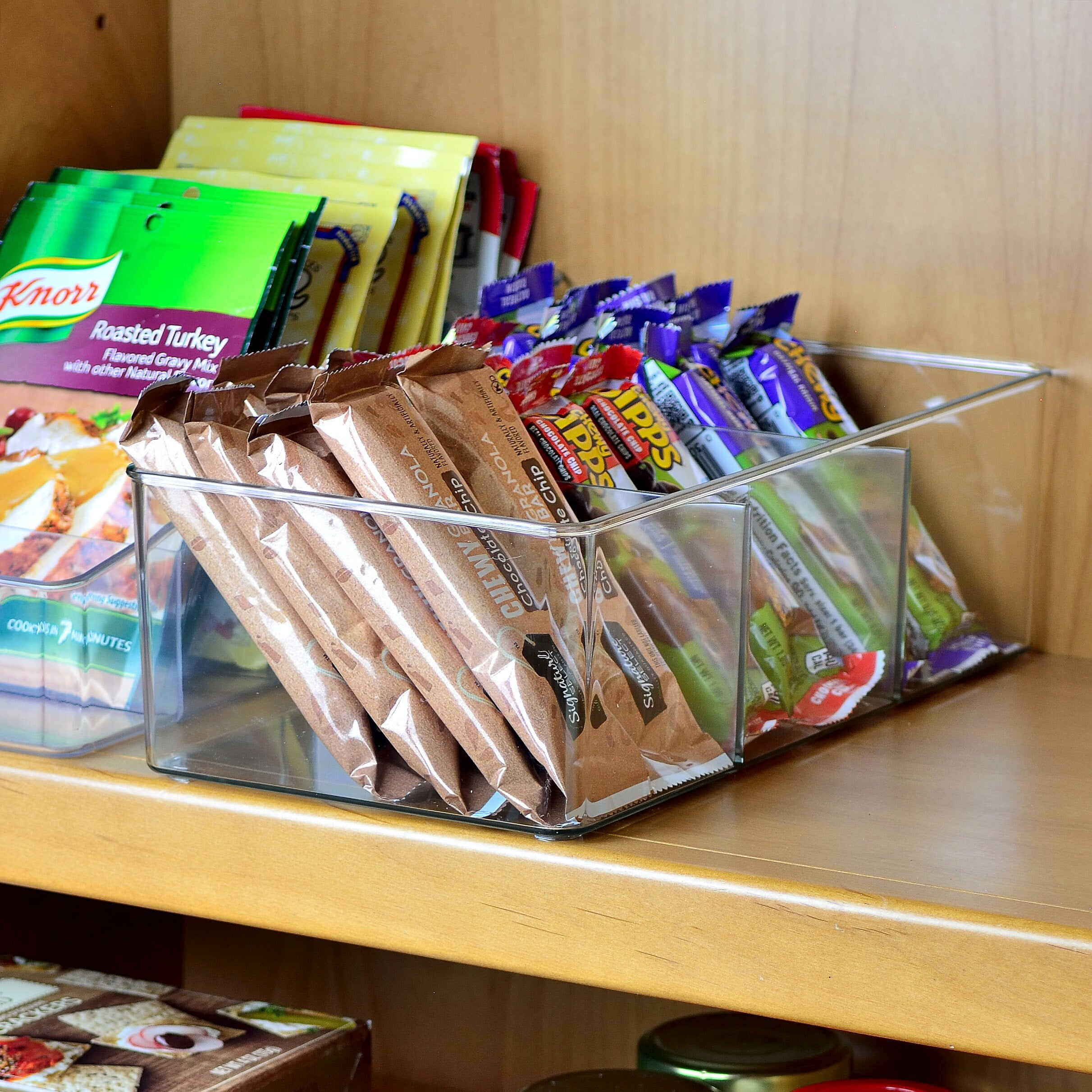 2 Pack Clear Plastic Packet Storage Organizer 11" x 6" x 3.5", 3 Divided Sections Pantry Organizer, Holder for Snacks YE393.280