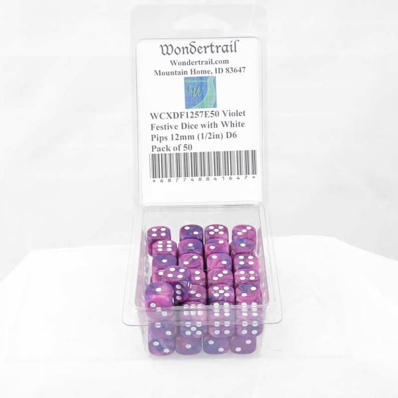 Violet Festive Dice with White Pips 12mm (1/2in) D6 Pack of 50 Wondertrail