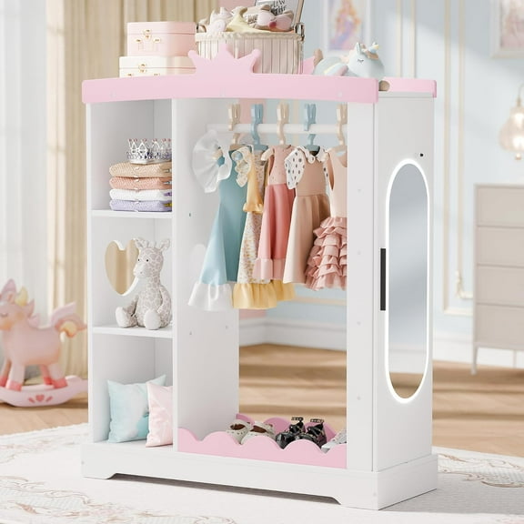 Kids Closet with Jewelry Cabinet, Dress up Storage with Shelves&Mirror, Costumes Wardrobe Closet with Hanging Rack for Toddlers,Organizer for Bedroom, (Kids' Armoires, White)