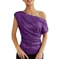 thumbnail image 2 of Womens Off Shoulder Casual Crop Tops Slim Fit Cute Y2K Going Out Tops Shirt Going Out Tops Trendy Cropped Tees Women's One Shoulder Top Pleated Glitter Top Slim Fit Glitter Party Shirt Purple Xl, 2 of 9