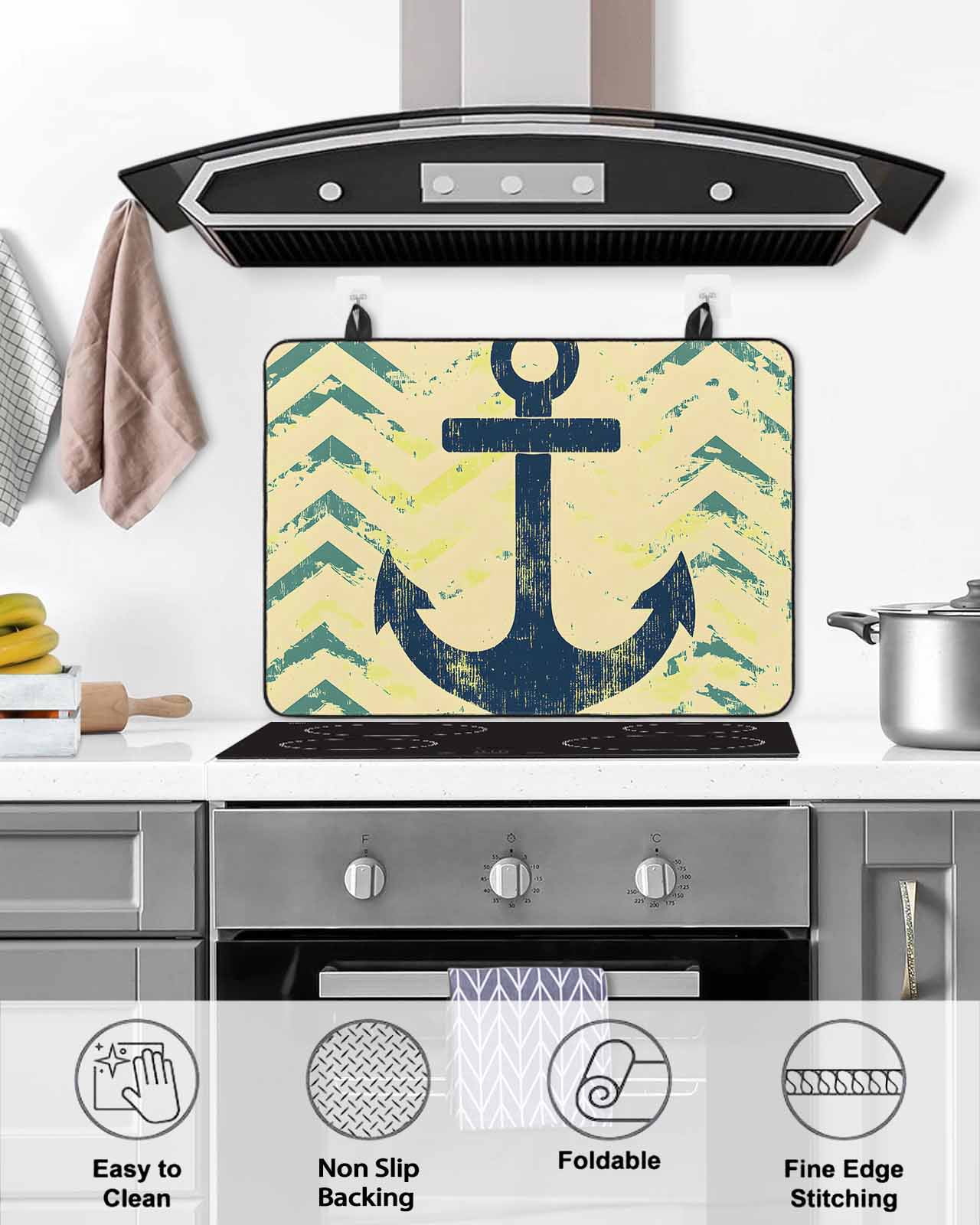 nqOlkjepod Large Induction Cooktop Protector Mat 24"x21", Anchor Nautical Stove Top Covers for Electric Stove, Green Yellow Wave Stripe Retro Stove Burner Cover Mats, Glass Top Stove Cover