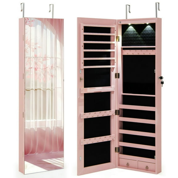 Spaco Wall and Door Mounted Mirrored Jewelry Cabinet with Lights-Pink, Lockable Jewelry Cabinet Hanging Jewelry Organizer