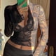 thumbnail image 2 of Top corto Miqil para mujer, encaje Y2K, manga larga, malla transparente, negro, 2 of 7