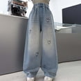 thumbnail image 2 of Shadoumai Girls Heart Rhinestone Denim Jeans Loose Straight Leg High Waist Long Pants Casual Trousers for Kids Tweens, 2 of 8