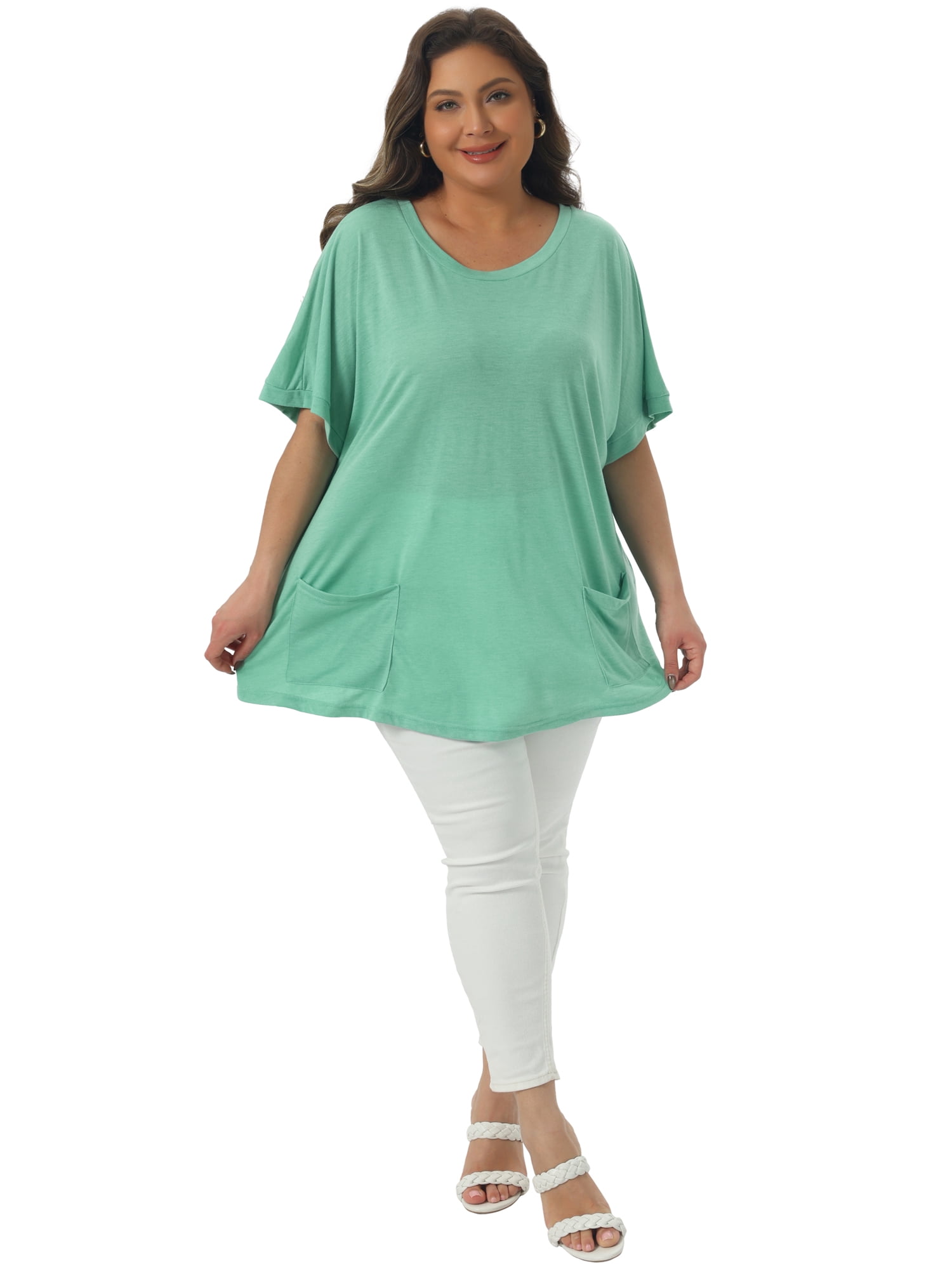 DARING DIVA Women's Plus Crew Neck Loose Fit T Shirt with Pocket Casual 2X Light Green