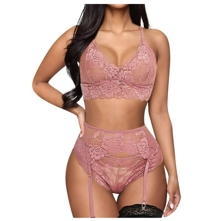 

Knosfe Women s Babydoll Nightwear Eyelash Bra and Panty Set Lace Floral Sexy Lingerie Set with Garter XL