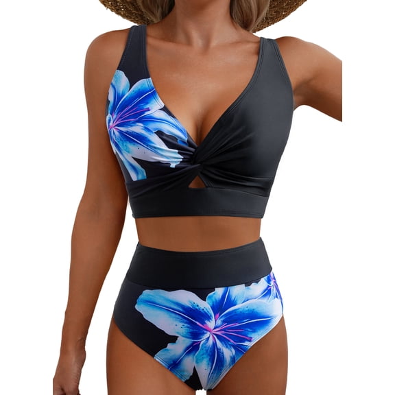 Eytino Bikinis for Women High Waisted Bathing Suits Two Piece Twist Front Swim Top Lily Print Swimsuits Swimming Color Block Swimwear