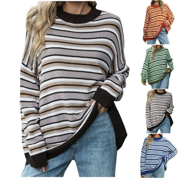 Fartey Womens Striped Sweater Oversized Long Sleeve Drop Shoulder Pullover Sweaters Loose Comfy Fall Crew Neck Knit Sweater Coffee S
