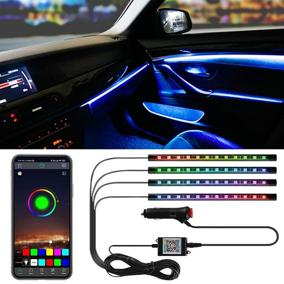 TiokMc 4 Pcs Car Interior LED Strip Lights, Multi-Color App-Controlled with Music Mode, Under Dash Lights for Cars, SUVs, DC 12V