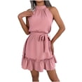 thumbnail image 2 of Antinious Ladies Casual Dresses Solid Crewneck Sleeveless Summer Ruched Ruffle A-Line Flowy Midi Dress, 2 of 5
