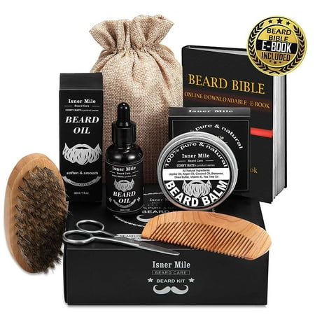 UPGRADED Beard Kit for Men Beard Growth Grooming & Trimming with Unscented Leave-in Conditioner Oil, Mustache & Beard Balm Butter Wax, Beard Brush, Beard Comb, Sharp Scissors, (Best Mustache Grooming Kit)