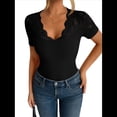 thumbnail image 4 of Camisetas de Corta con Cuello en V y Encaje para Mujer, Camisetas Básicas Ajustadas de Punto Acanalado, Estilo Informal de Verano para Negocios Negro XXL, 4 of 10