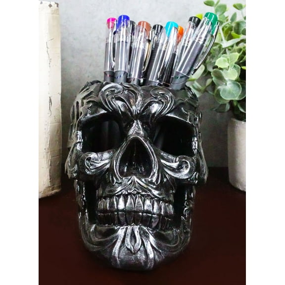 Ebros Gift Tribal Tattoo Floral Skull Pen Holder Figurine 5.75"L Office Decor