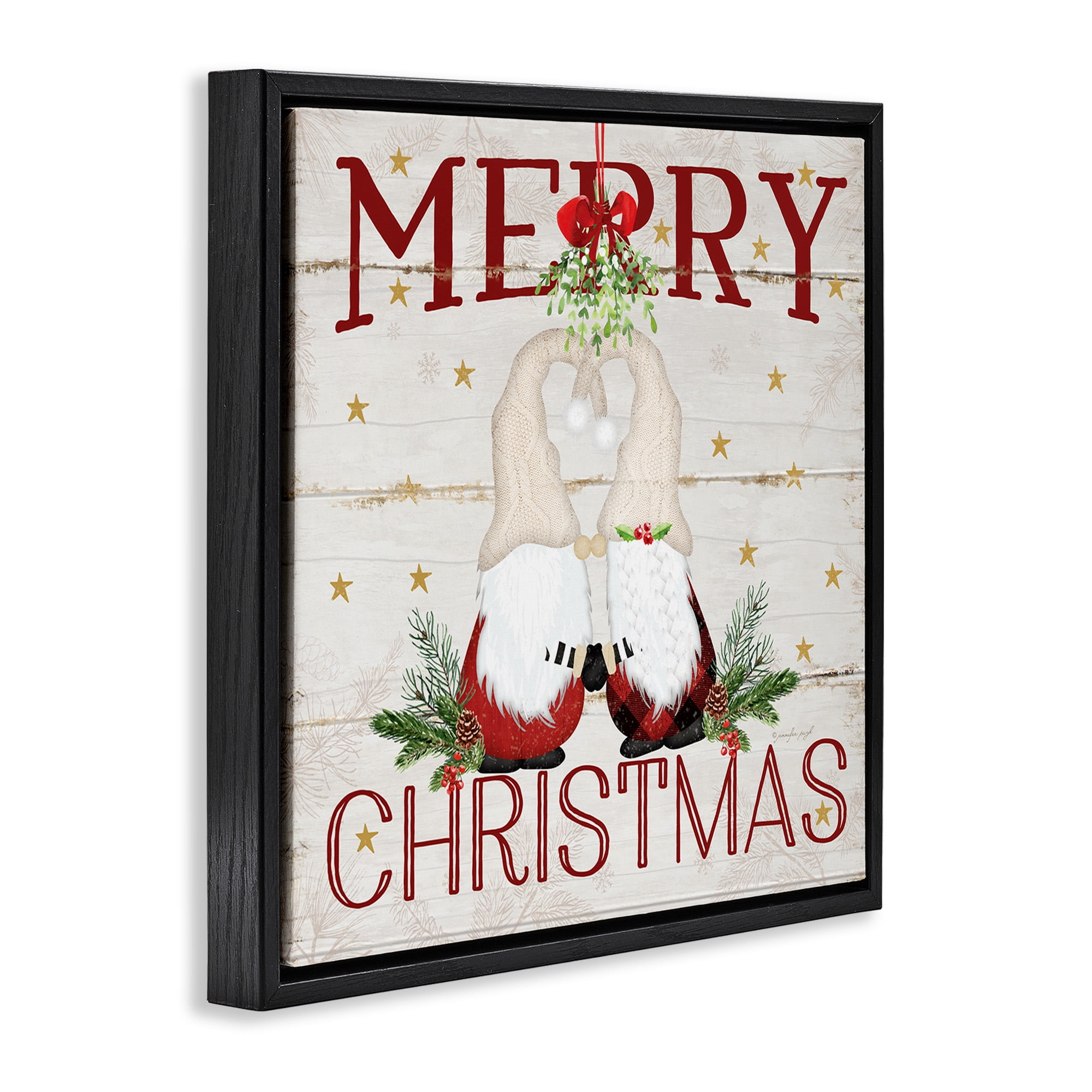 Stupell Industries Holiday Gnomes Under Mistletoe Holiday Painting Black Floater Framed Canvas Art Print Wall Art, 25 x 25