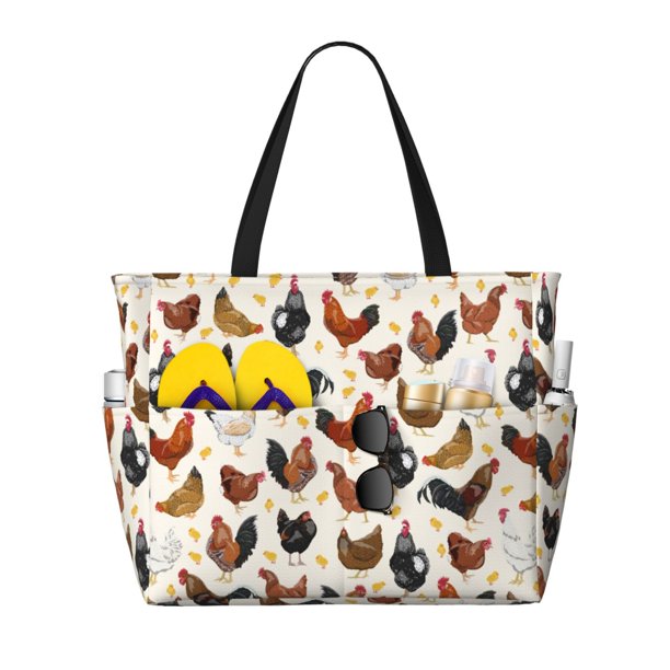 Fotbe Roosters and Chickens Bolsa de Viaje para Playa - Resistente al Agua, Bolsa Tote de Gran Capacidad y Ligera con 7 Bolsillos para Mujeres y Hombres