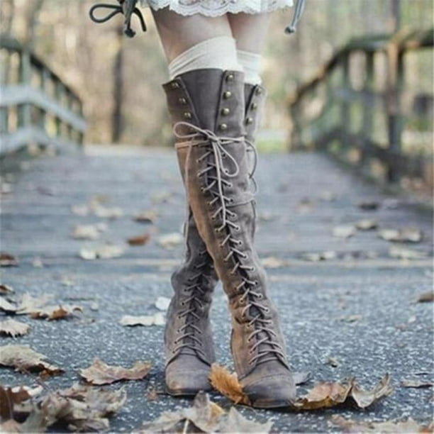 Secretary Attendant lettuce BJYX Thigh Boot - Women Lace Up Side Zip Over The Knee Boots Ladies Thigh  High Low Heel Shoes - Walmart.ca