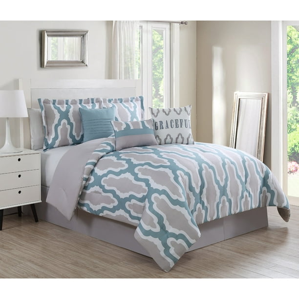 7 Piece Graceful Taupe/Spa/Ivory Comforter Set