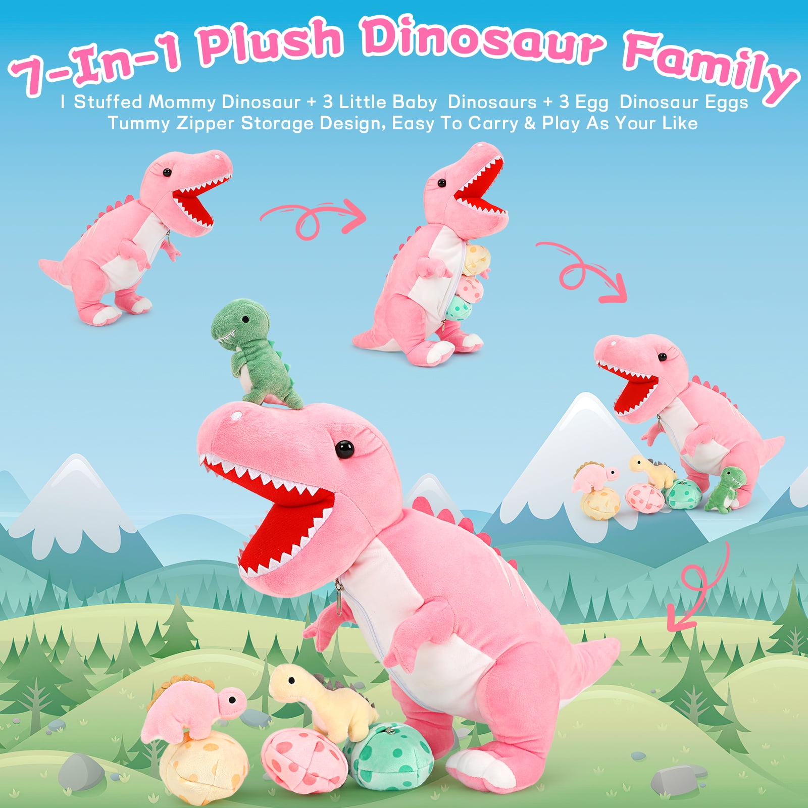 MorisMos 23.6" Stuffed Dinosaur Toy Mommy Dinosaur Plush with 3 Baby Stuffed Dinosaur Toys