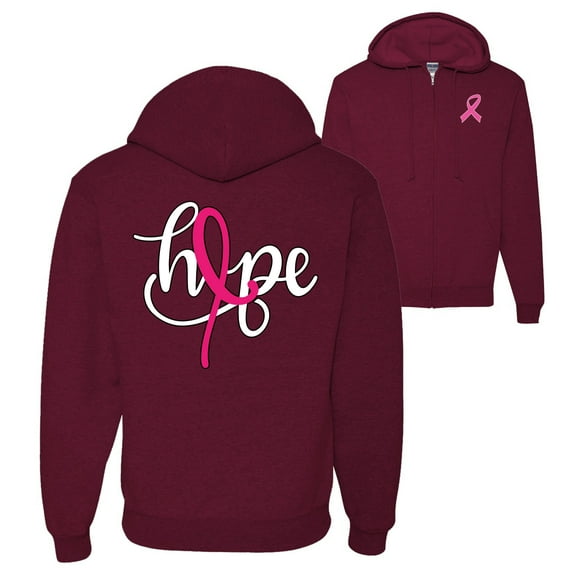 Wild Bobby, Hope Breast Cancer Ribbon, Breast Cancer Awareness, Front and Back Graphic Zip Up Hoodie Sweatshirt, Maroon, Large