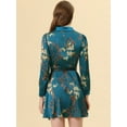 thumbnail image 3 of Unique Bargains Robe en Satin à Imprimé Floral pour Femmes avec Col à Pois et Ceinture Bleu Paon TG, 3 of 4