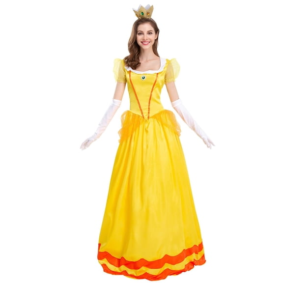Zydvens Princess Cosplay Costume for Women - Adult Yellow Puff Sleeve Halloween Dress Set with Gold Crown and Long Gloves for Halloween Cosplay Dress Up