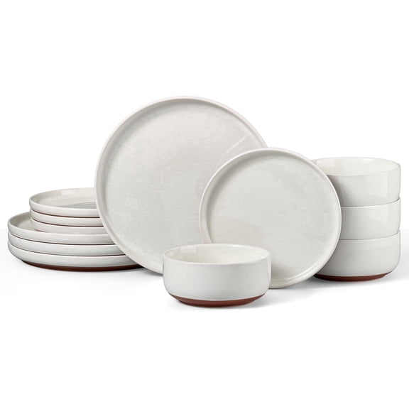 Vesteel 12-Piece Dinnerware Set for 4, Handcrafted Ceramic Plates and Bowls Set, Speckled Stoneware Dishes Set for Family, Microwave & Dishwasher Safe - Speckled White