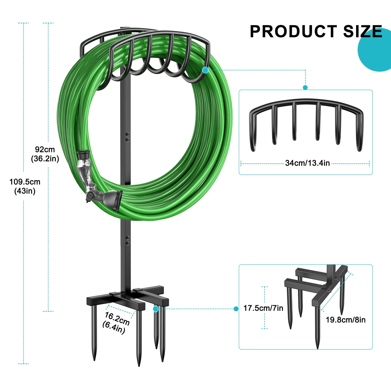 Garden Hose Holder Water Hose Stand Freestanding Metal Hose Hanger, 4-Prongs Base Detachable Heavy Duty Hose Storage Stand for Outdoor