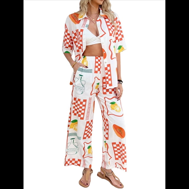 Conjunto de 2 Piezas de Chándal de Verano para Playa con Camisa de Corta y Botones para Mujer, Top Estampado, Pantalones Cortos de Descanso Flores de Frutos Blancos S