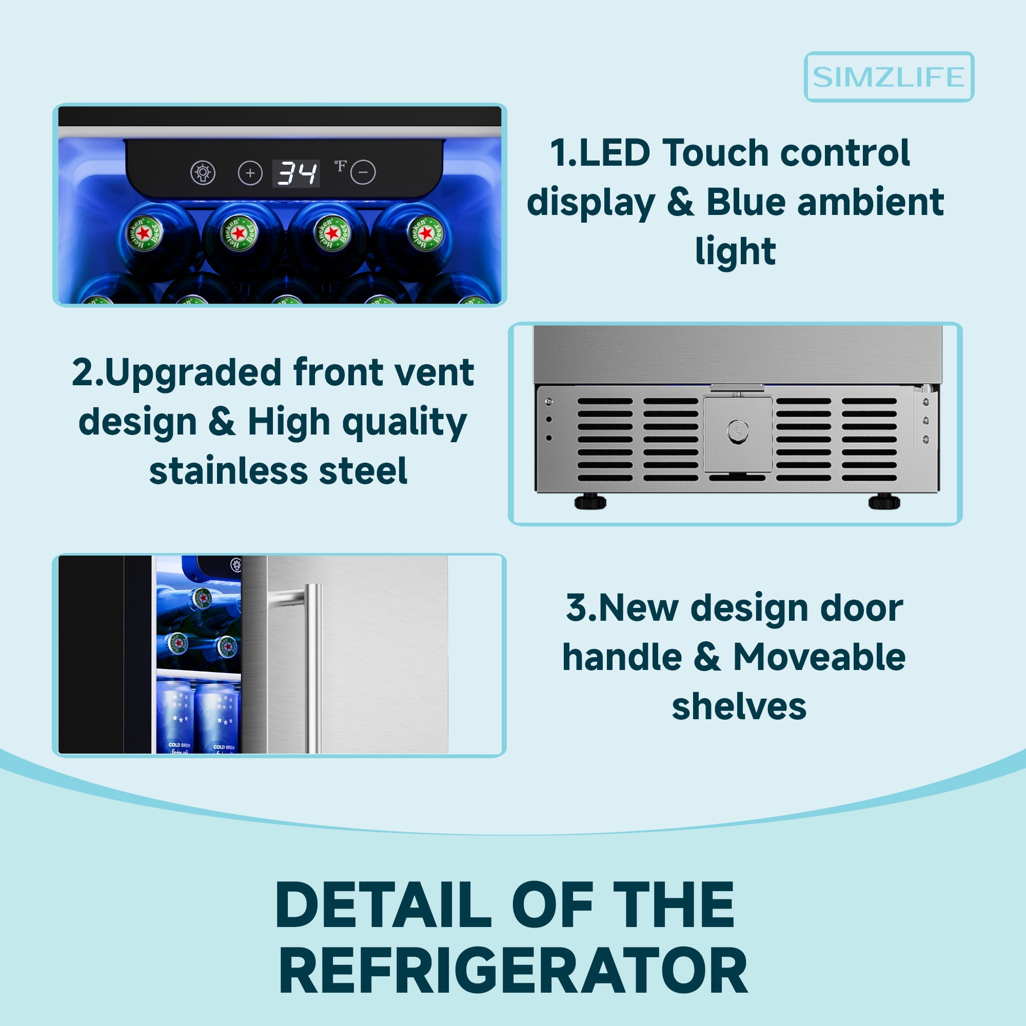 Simzlife 3.2 Cu.ft Beverage Refrigerator,130 Cans Under Counter Drink Fridge,Auto LED Lights,Silver Stainless Steel