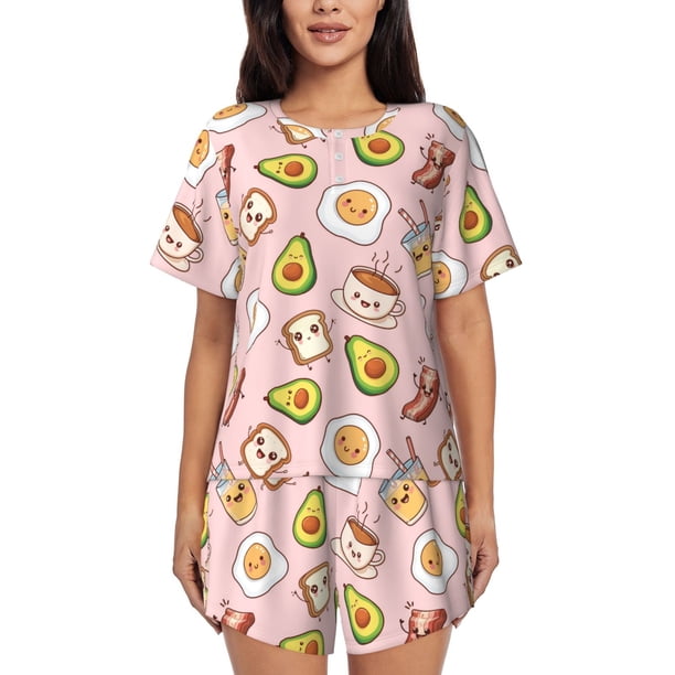 Fotbe Breakfast Conjunto de Pijama Estampado para Mujer, 2 Piezas, Ropa de Dormir con Camiseta de Manga Corta y Shorts Suaves-XX-Large