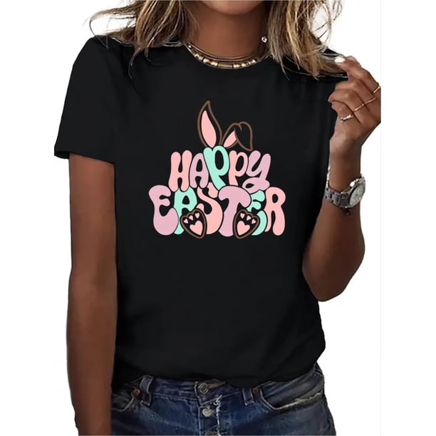 Women's Easter Bunny Graphic T-Shirt - Casual Crew Neck, Short Sleeve, Machine Washable - White withCamisetas de verano para mujer, manga corta, cuello redondo, casual, lindo, con gráficos, camisetas