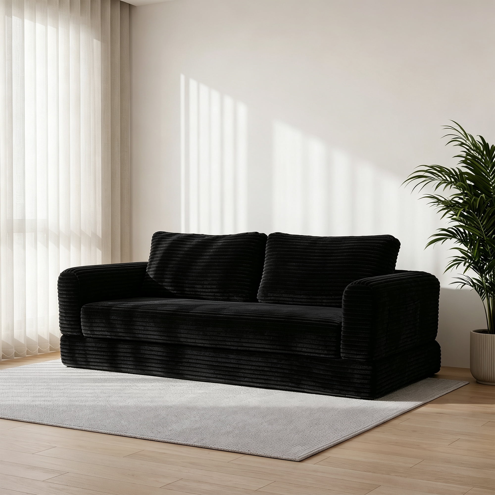 76" Convertible Futon Sofa Bed,Folding Boneless Floor Couch with Deep Seat,Cloud Corduroy Fold Out Sleeper Sofa with Memory Foam Cushion for Living Room,Bedroom,Black