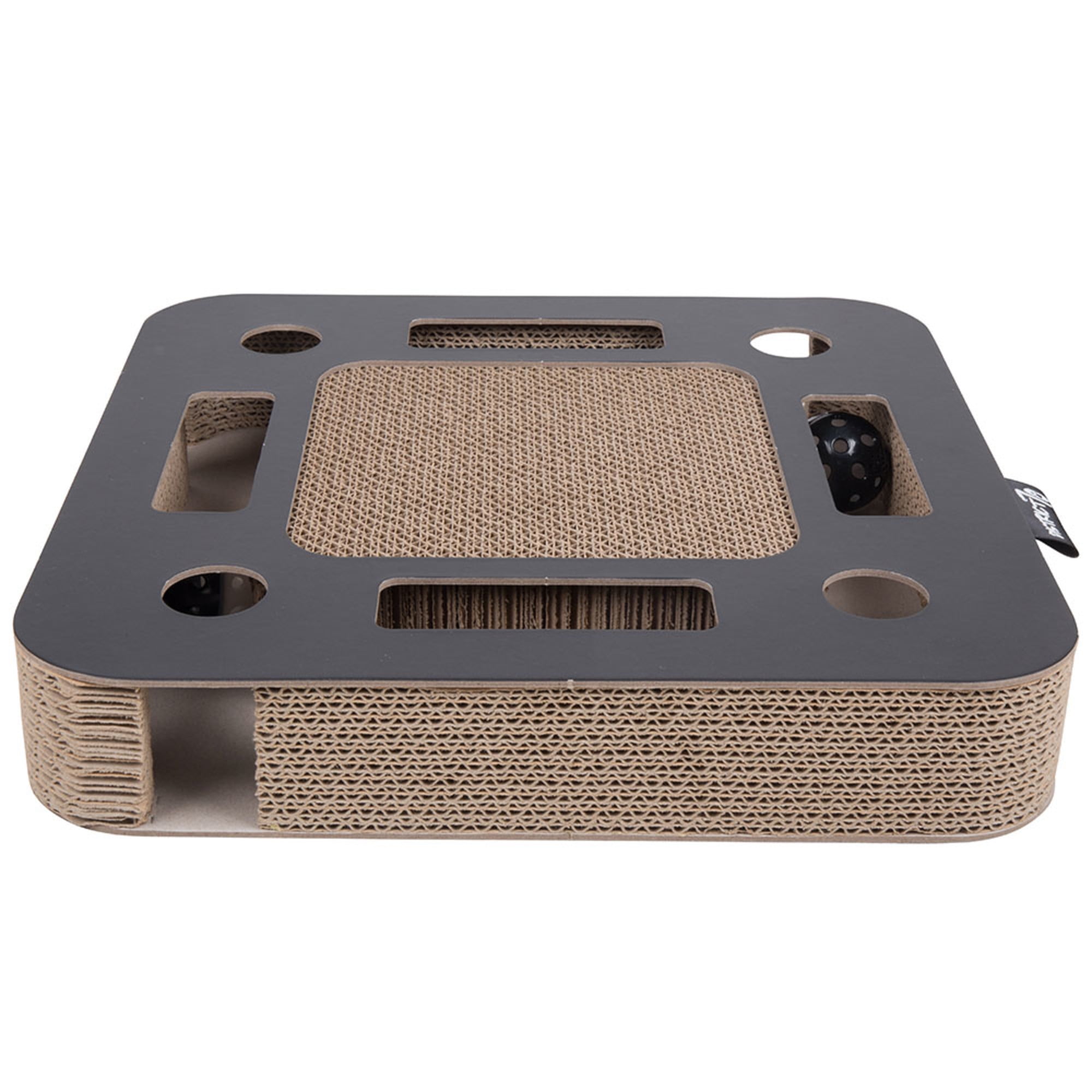 District 70 Spy Cat Scratcher with Ball and Bell, Corrugated Cardboard, Modern Design, Interactive Toy and Scratch Pad, Play and Groom, Keep Your Cat Active and Healthy - Black
