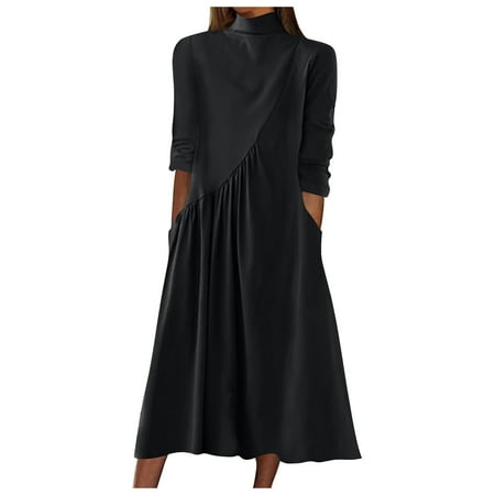 ylioge Wedding Guest Dress Fall 2023  Womens Gowns and Evening Dresses Elegant Casual Loose 3/4 Length Sleeve Mock Neck High Wasit Solid Color with Swing Pleated Hem Maxi Dress Fall Saving Clearance