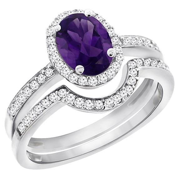 14K White Gold Diamond Natural Amethyst 2-Pc. Engagement Ring Set Oval 8x6 mm, size 5.5
