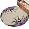 thumbnail image 2 of Halloween Round Living Room Rugs 6 ft, Dark Romantic Vintage Purple Rose Goth Tree Linen Texture Washable Area Rug with Non-Slip Sturdy Edge Binding Round Carpet for Kitchen Office Bedroom, 2 of 9