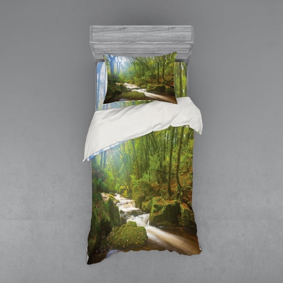 Ambesonne Green Bedding Set 3 Pcs, Forest at Golitha Falls, Twin XL, Green Brown