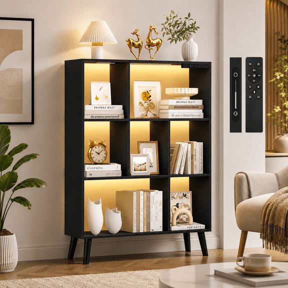 OUTONLIFE 7-Cube Storage Organizer with LED Lights & Remote, 3-Tier Open Wooden Bookshelf with Legs, Dimmable 3 Color Temperatures for Living Room, Bedroom & Home Office, Black